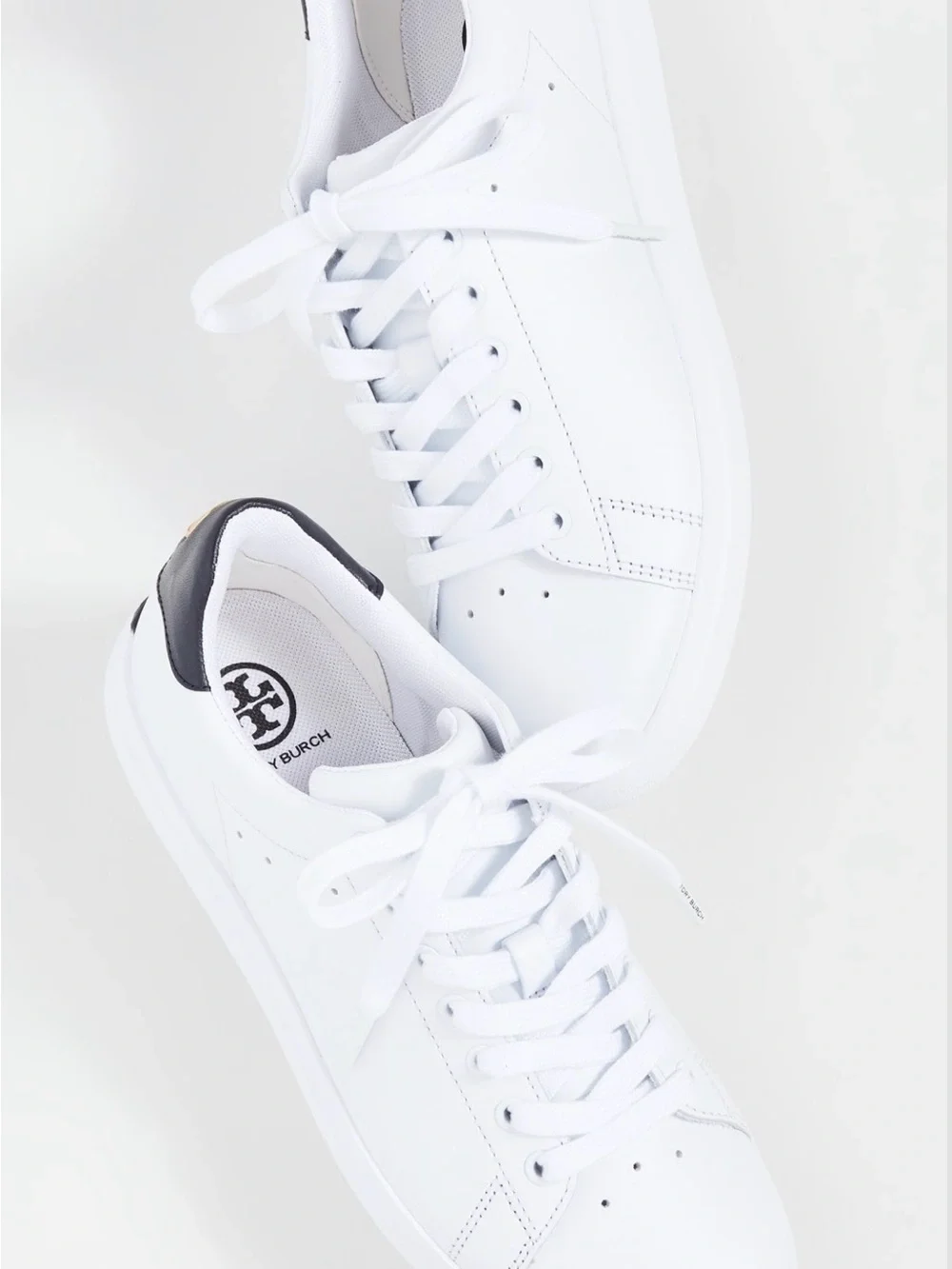 Tory Burch White Leather Sneakers with Black Heel Patch and Gold Emblem